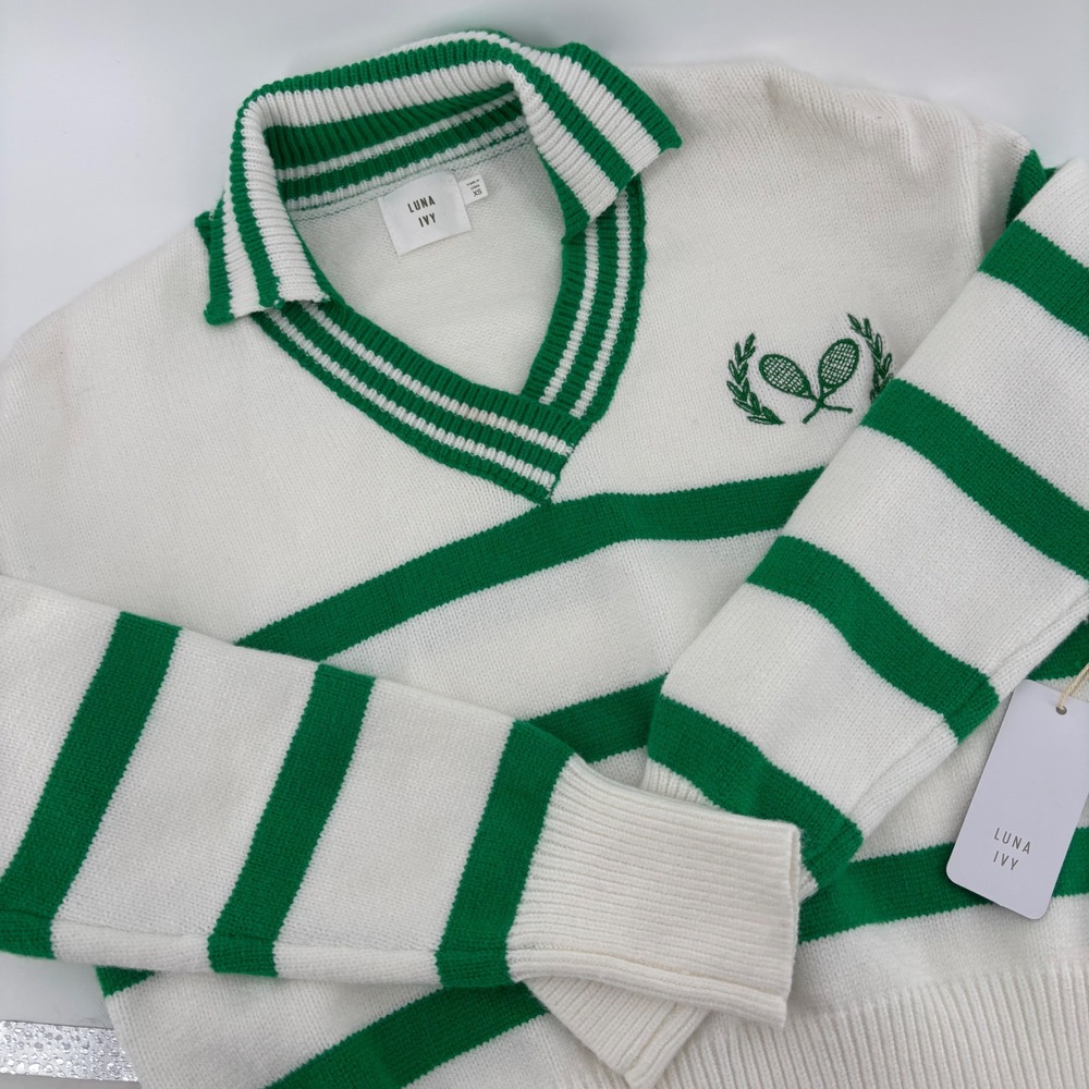 NEW Luna Ivy Womens Sweater XS White Green Striped Tennis V-Neck Pullover Retro